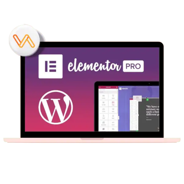 Portátil mostrando logotipos de WordPress y Elementor Pro.